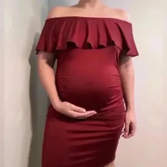 Off Shoulder Burgundy Dark Red Maternity Dress stretchy M L 10/12 - Picture 1 of 9